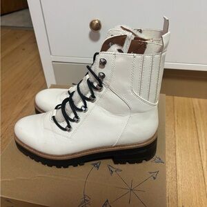 Indigo White Leather Combat Boots